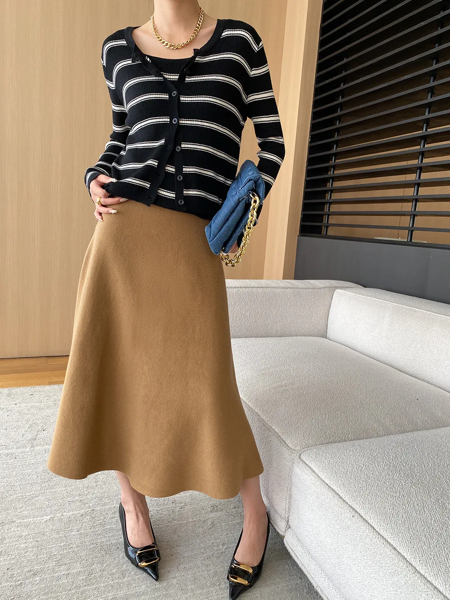 [LANMREM] Elastic High Waist Knitting Skirts For Women A-line Mid-length Office Lady Fit Female Skirt 2025 Autumn New 26C281