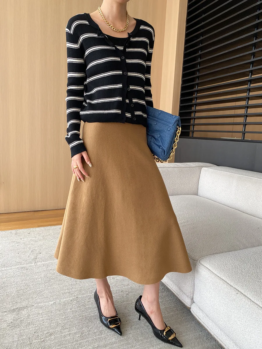 [LANMREM] Elastic High Waist Knitting Skirts For Women A-line Mid-length Office Lady Fit Female Skirt 2025 Autumn New 26C281