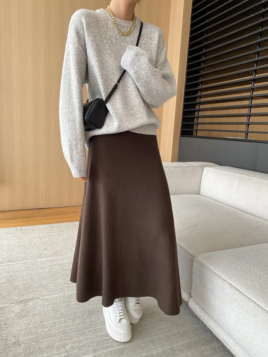 [LANMREM] Elastic High Waist Knitting Skirts For Women A-line Mid-length Office Lady Fit Female Skirt 2025 Autumn New 26C281