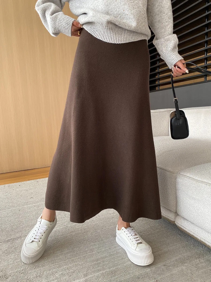 [LANMREM] Elastic High Waist Knitting Skirts For Women A-line Mid-length Office Lady Fit Female Skirt 2025 Autumn New 26C281
