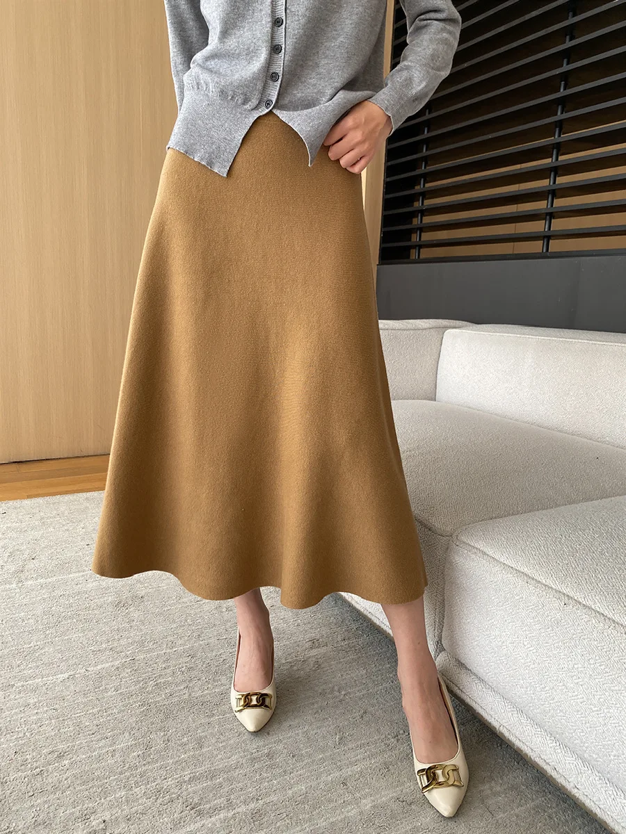 [LANMREM] Elastic High Waist Knitting Skirts For Women A-line Mid-length Office Lady Fit Female Skirt 2025 Autumn New 26C281