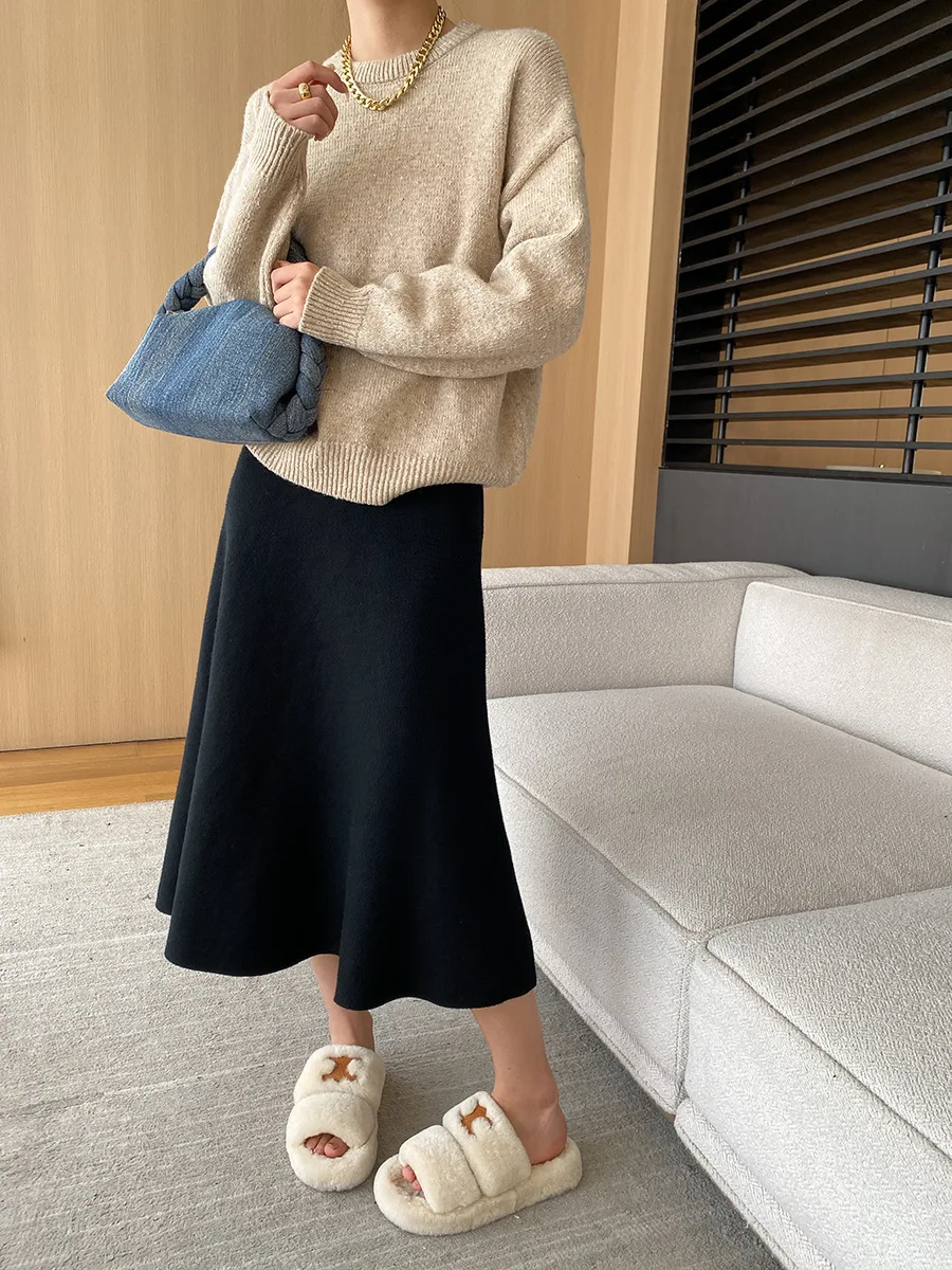 [LANMREM] Elastic High Waist Knitting Skirts For Women A-line Mid-length Office Lady Fit Female Skirt 2025 Autumn New 26C281