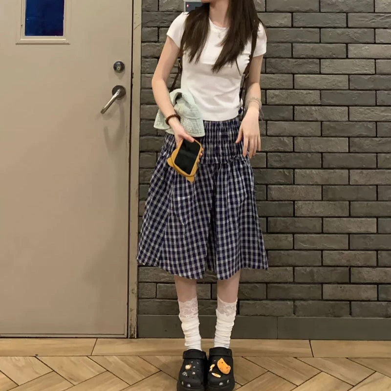 MEXZT Vintage Plaid Mini Skirt Women Harajuku Aesthetic Patchwork Knee Length Skirts Summer Korean High Waist A Line Faldas New
