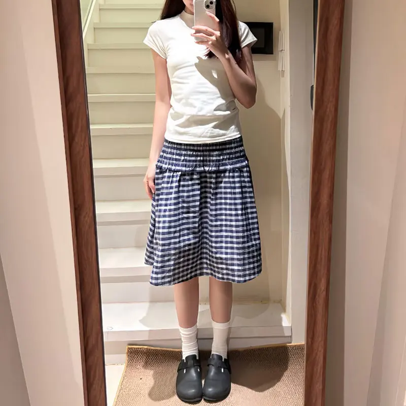 MEXZT Vintage Plaid Mini Skirt Women Harajuku Aesthetic Patchwork Knee Length Skirts Summer Korean High Waist A Line Faldas New