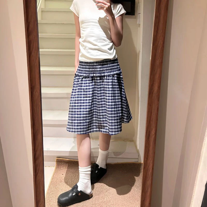 MEXZT Vintage Plaid Mini Skirt Women Harajuku Aesthetic Patchwork Knee Length Skirts Summer Korean High Waist A Line Faldas New