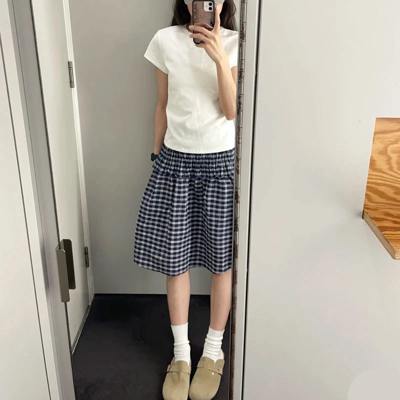 MEXZT Vintage Plaid Mini Skirt Women Harajuku Aesthetic Patchwork Knee Length Skirts Summer Korean High Waist A Line Faldas New