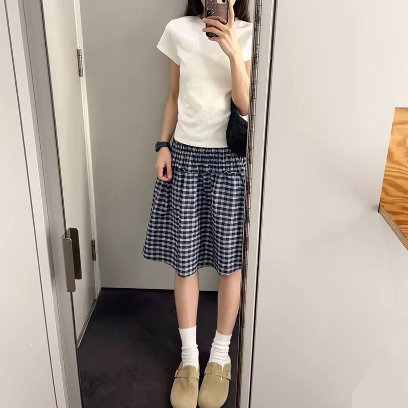 MEXZT Vintage Plaid Mini Skirt Women Harajuku Aesthetic Patchwork Knee Length Skirts Summer Korean High Waist A Line Faldas New