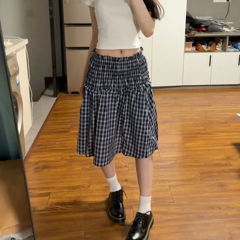 MEXZT Vintage Plaid Mini Skirt Women Harajuku Aesthetic Patchwork Knee Length Skirts Summer Korean High Waist A Line Faldas New