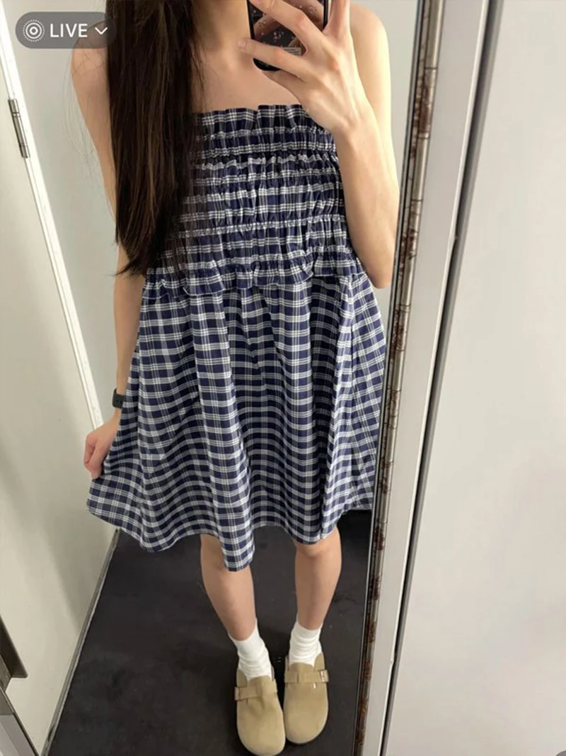 MEXZT Vintage Plaid Mini Skirt Women Harajuku Aesthetic Patchwork Knee Length Skirts Summer Korean High Waist A Line Faldas New