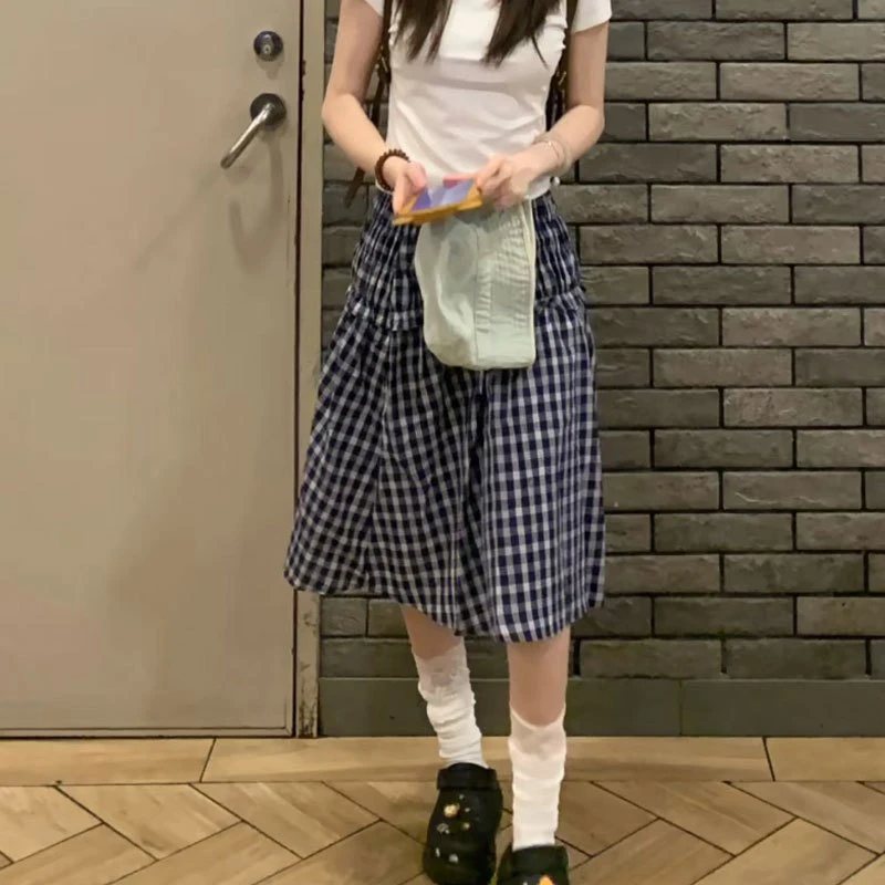 MEXZT Vintage Plaid Mini Skirt Women Harajuku Aesthetic Patchwork Knee Length Skirts Summer Korean High Waist A Line Faldas New