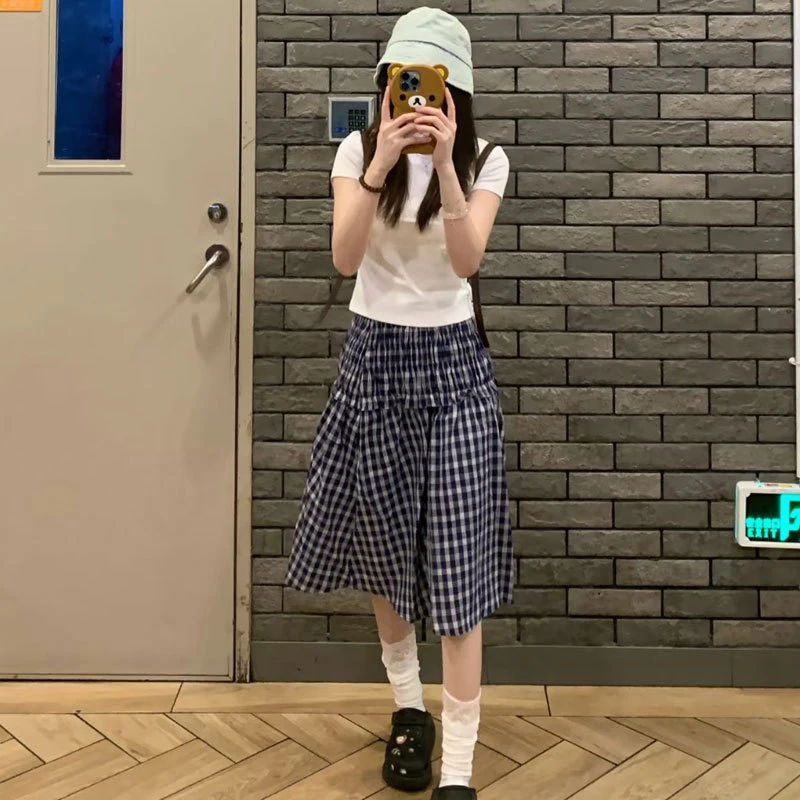 MEXZT Vintage Plaid Mini Skirt Women Harajuku Aesthetic Patchwork Knee Length Skirts Summer Korean High Waist A Line Faldas New