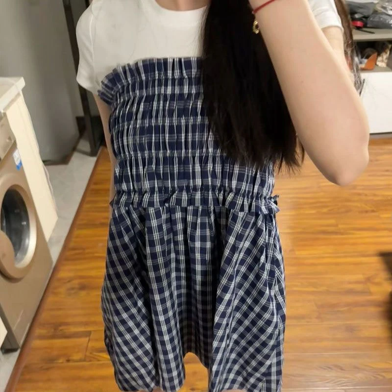MEXZT Vintage Plaid Mini Skirt Women Harajuku Aesthetic Patchwork Knee Length Skirts Summer Korean High Waist A Line Faldas New