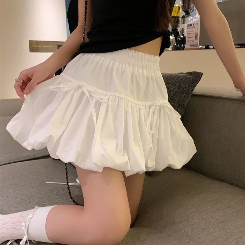 Sweet Bowknot A Line Skirts for Women 2025 Korean Style Pleated Cake Short Skirts Woman Summer Solid Color High Waist Mini Skirt