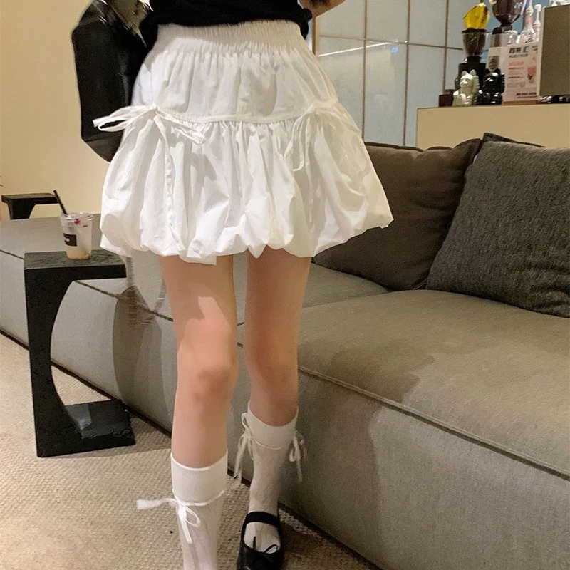 Sweet Bowknot A Line Skirts for Women 2025 Korean Style Pleated Cake Short Skirts Woman Summer Solid Color High Waist Mini Skirt