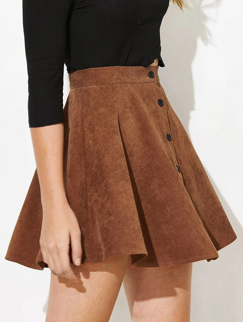 Fashion High Waist Pleated Fluffy Skirt Women Elegant Single-Breasted Design Corduroy A-Line Skirts Autumn Winter Mini Skirts