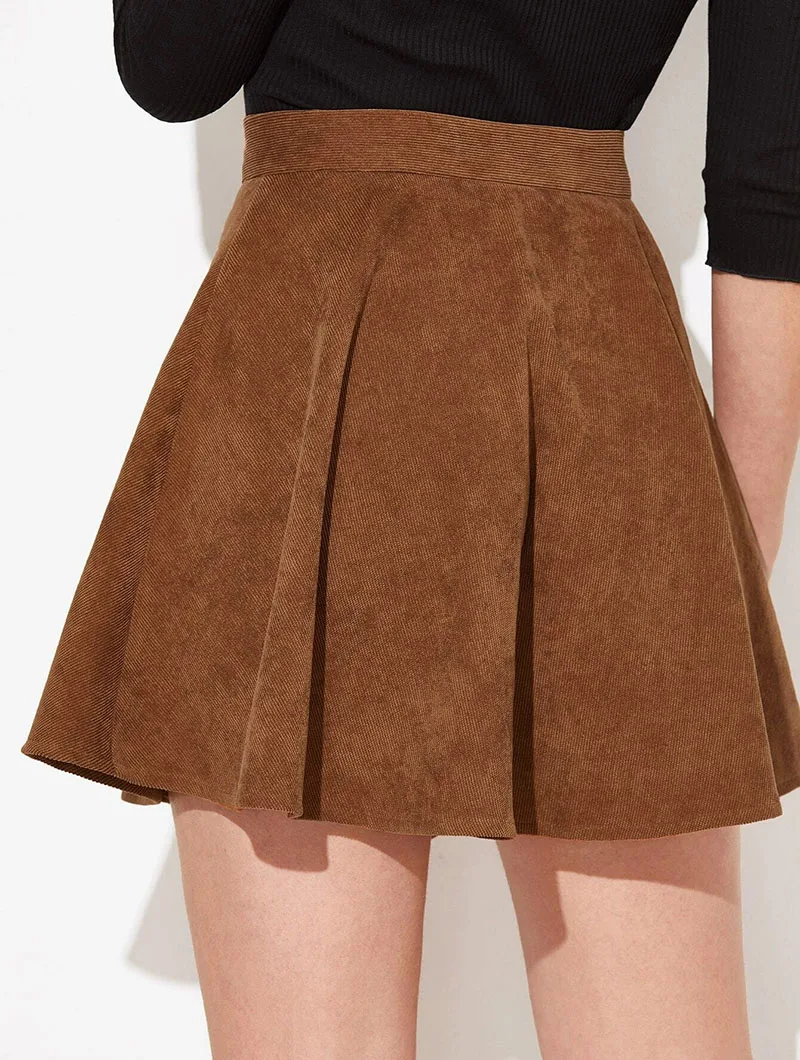 Fashion High Waist Pleated Fluffy Skirt Women Elegant Single-Breasted Design Corduroy A-Line Skirts Autumn Winter Mini Skirts
