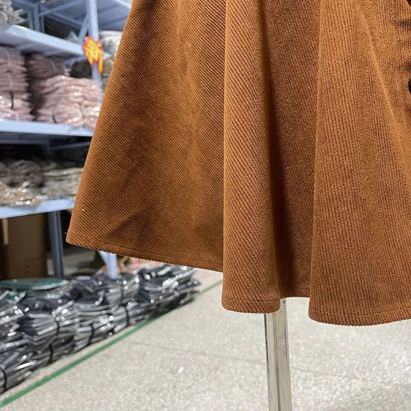 Fashion High Waist Pleated Fluffy Skirt Women Elegant Single-Breasted Design Corduroy A-Line Skirts Autumn Winter Mini Skirts