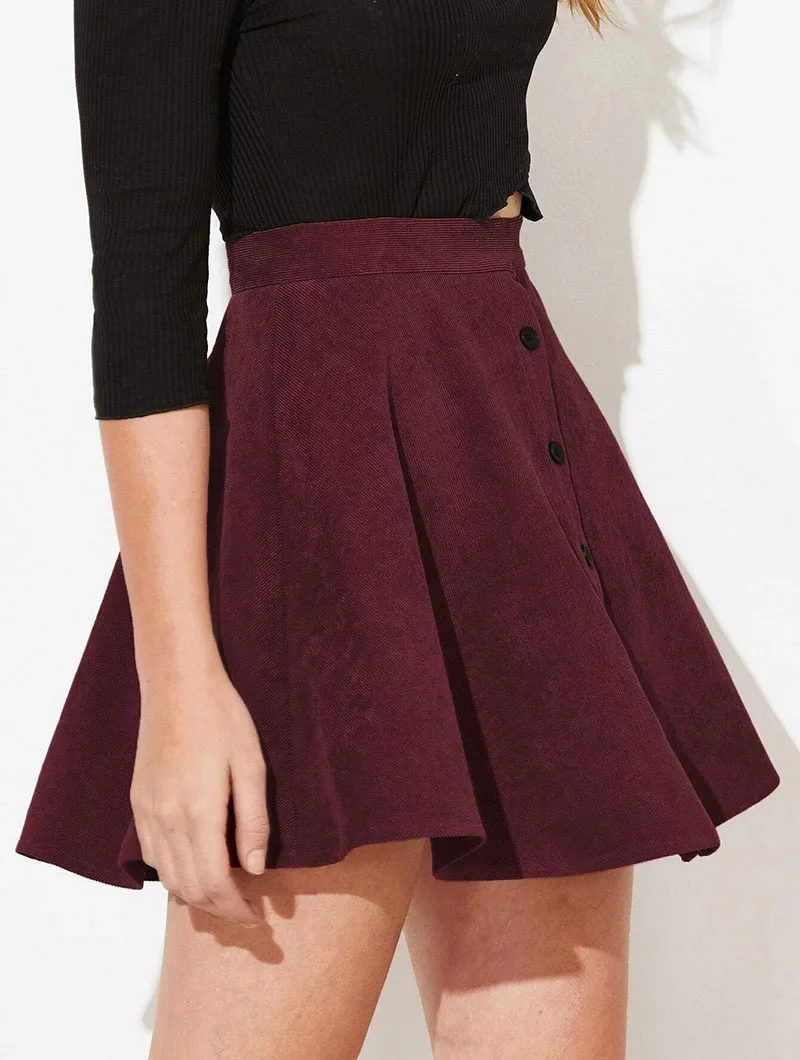 Fashion High Waist Pleated Fluffy Skirt Women Elegant Single-Breasted Design Corduroy A-Line Skirts Autumn Winter Mini Skirts