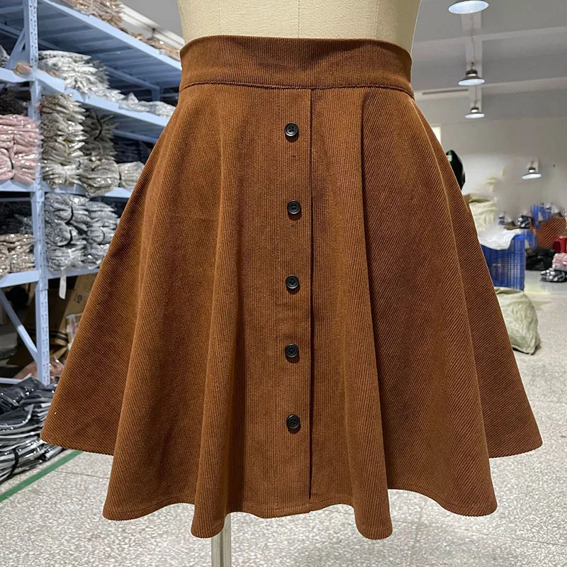 Fashion High Waist Pleated Fluffy Skirt Women Elegant Single-Breasted Design Corduroy A-Line Skirts Autumn Winter Mini Skirts