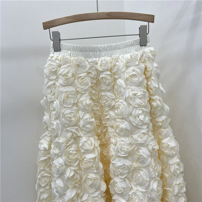 Chic 3D Floral Skirt for Women Temperament Jupe 2025 Faldas Mujer De Moda High Waist Loose Saia A-line Sweet Solid Color Skirts