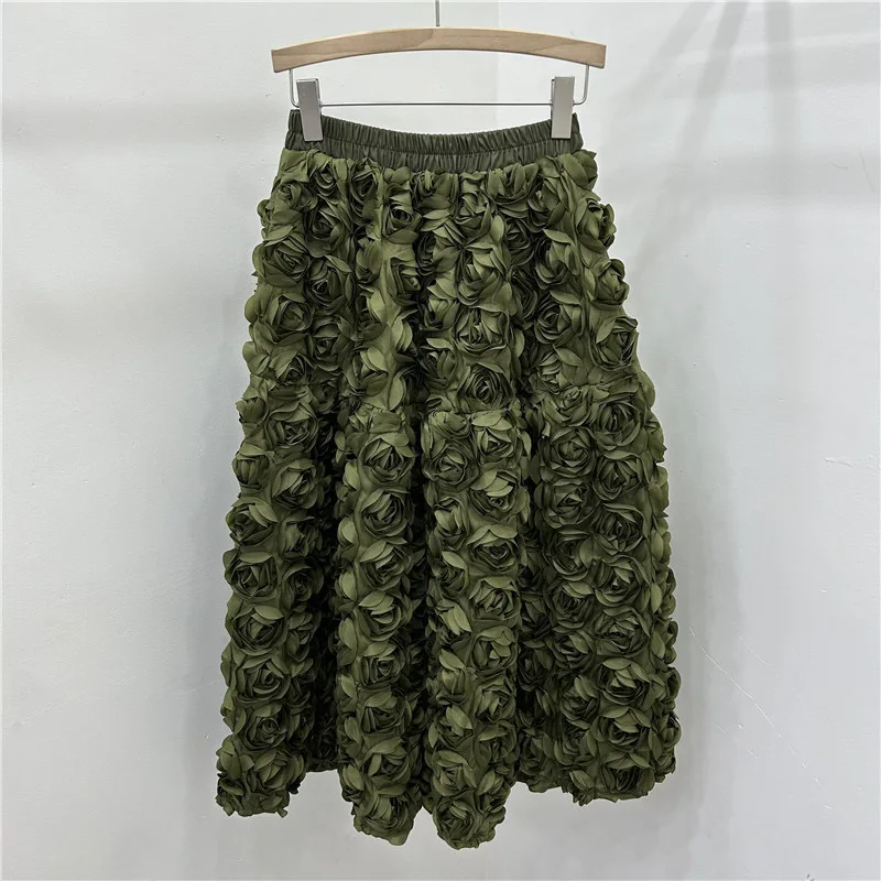 Chic 3D Floral Skirt for Women Temperament Jupe 2025 Faldas Mujer De Moda High Waist Loose Saia A-line Sweet Solid Color Skirts