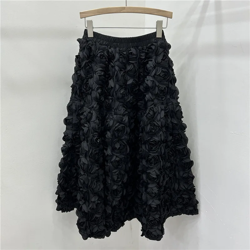 Chic 3D Floral Skirt for Women Temperament Jupe 2025 Faldas Mujer De Moda High Waist Loose Saia A-line Sweet Solid Color Skirts