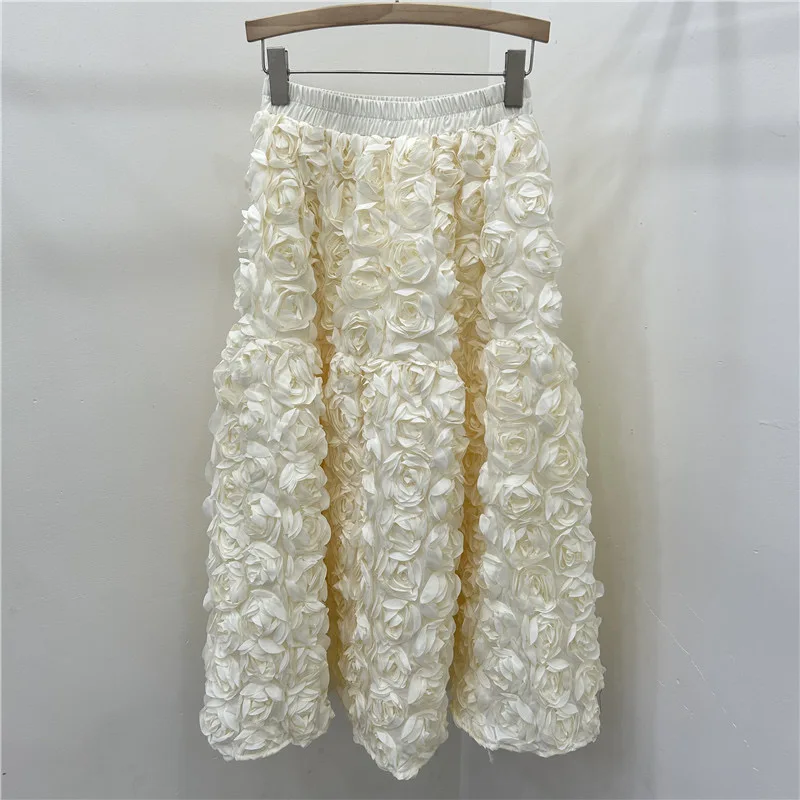 Chic 3D Floral Skirt for Women Temperament Jupe 2025 Faldas Mujer De Moda High Waist Loose Saia A-line Sweet Solid Color Skirts
