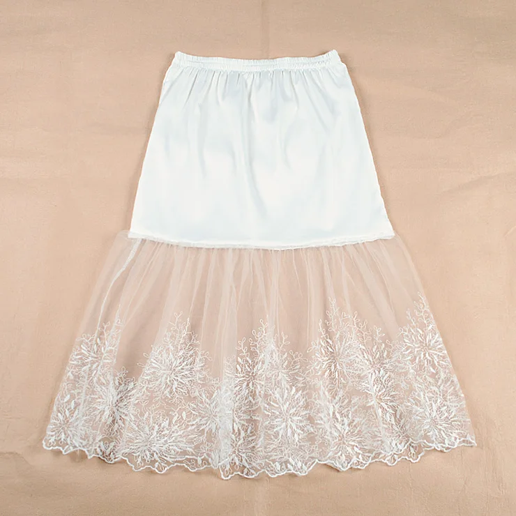 2024 Women Lady Lace Slip Casual Skirt Knee Length Natural Waist A-Line Floral Underskirt Petticoat Fashion New White Black