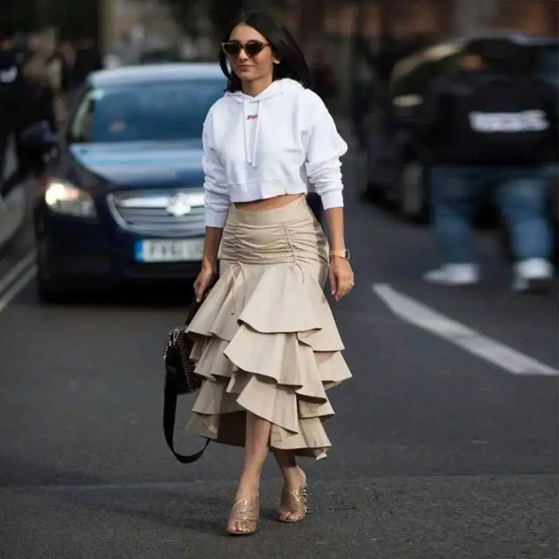 Street Fashion Skirt Woman Champagne Custom Made Mermaid Maxi Skirts with String Layered Long Skirts Women Zip Closure