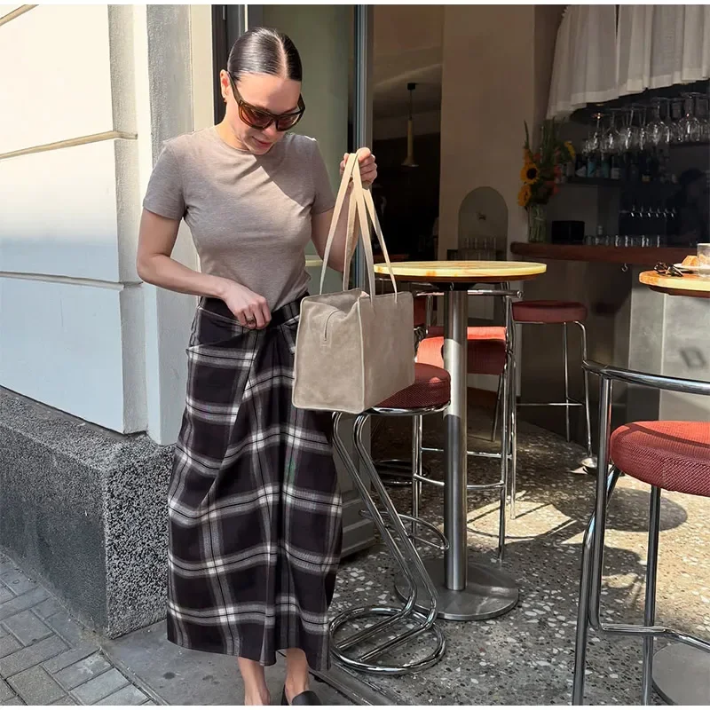 Women Checked Midi Skirt Fashion Casual Pleated Irregular High Waist Slim Mid-length Bottom Lady Daily New Commute Street Skirt