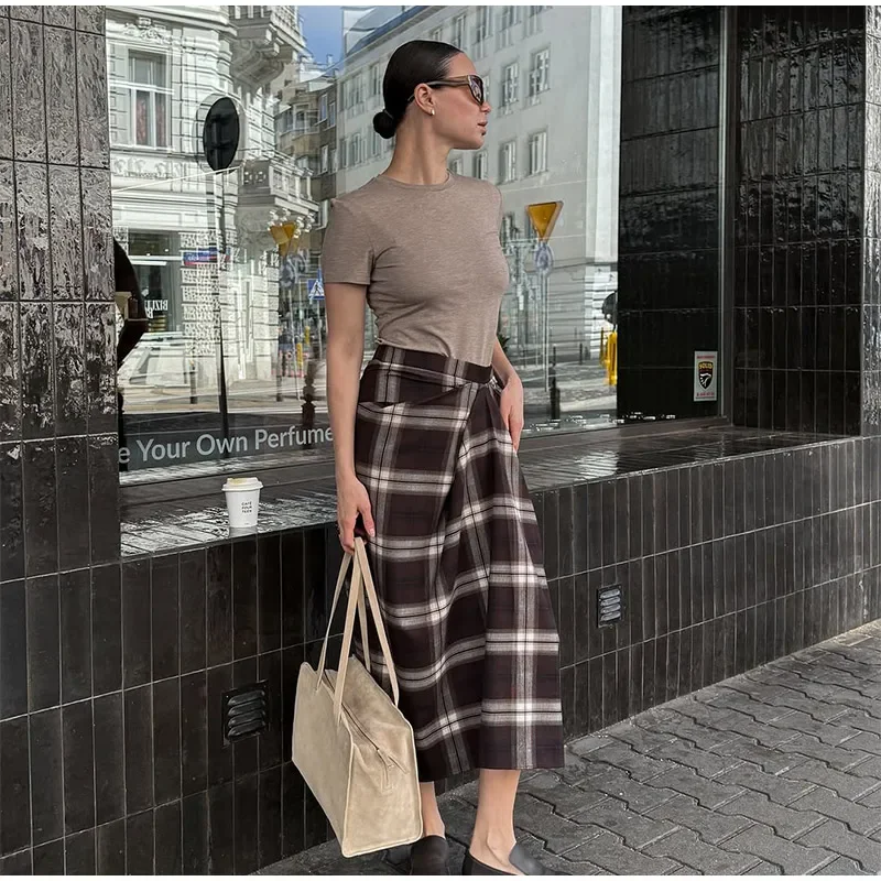 Women Checked Midi Skirt Fashion Casual Pleated Irregular High Waist Slim Mid-length Bottom Lady Daily New Commute Street Skirt