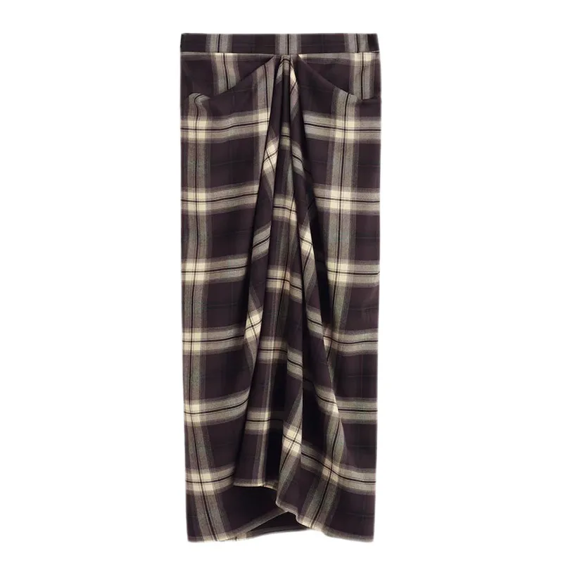 Women Checked Midi Skirt Fashion Casual Pleated Irregular High Waist Slim Mid-length Bottom Lady Daily New Commute Street Skirt