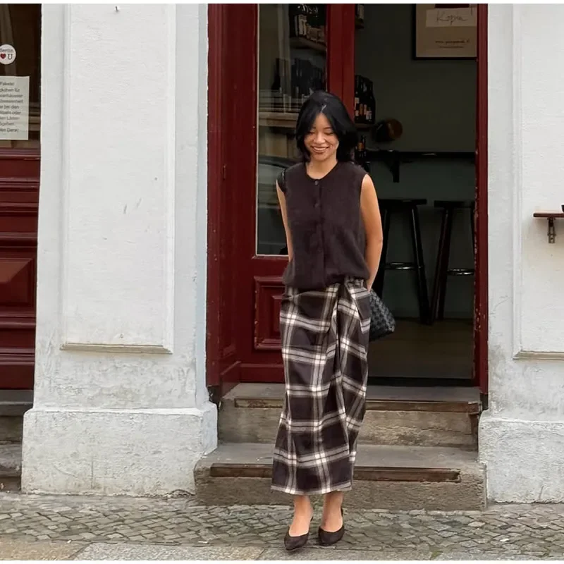 Women Checked Midi Skirt Fashion Casual Pleated Irregular High Waist Slim Mid-length Bottom Lady Daily New Commute Street Skirt
