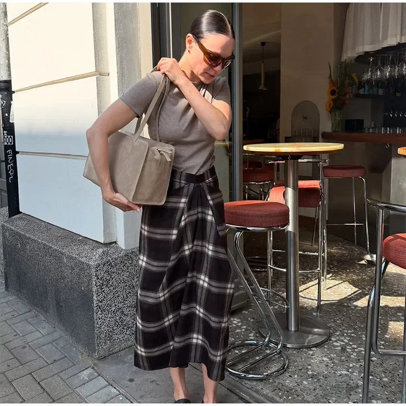 Women Checked Midi Skirt Fashion Casual Pleated Irregular High Waist Slim Mid-length Bottom Lady Daily New Commute Street Skirt