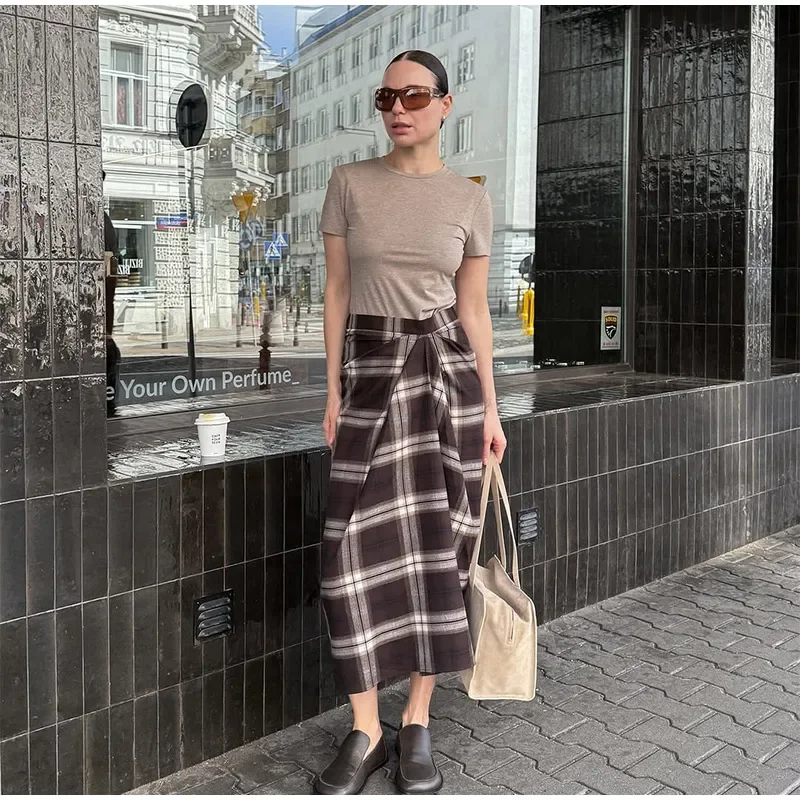 Women Checked Midi Skirt Fashion Casual Pleated Irregular High Waist Slim Mid-length Bottom Lady Daily New Commute Street Skirt