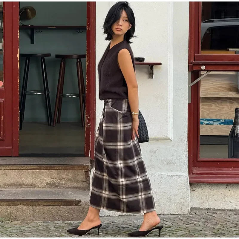 Women Checked Midi Skirt Fashion Casual Pleated Irregular High Waist Slim Mid-length Bottom Lady Daily New Commute Street Skirt