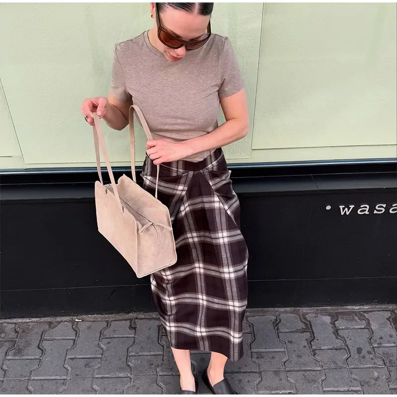 Women Checked Midi Skirt Fashion Casual Pleated Irregular High Waist Slim Mid-length Bottom Lady Daily New Commute Street Skirt