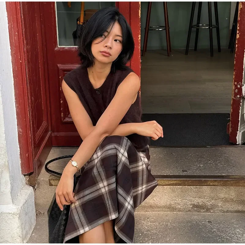 Women Checked Midi Skirt Fashion Casual Pleated Irregular High Waist Slim Mid-length Bottom Lady Daily New Commute Street Skirt