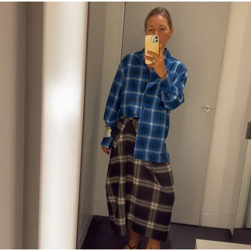 Women Checked Midi Skirt Fashion Casual Pleated Irregular High Waist Slim Mid-length Bottom Lady Daily New Commute Street Skirt