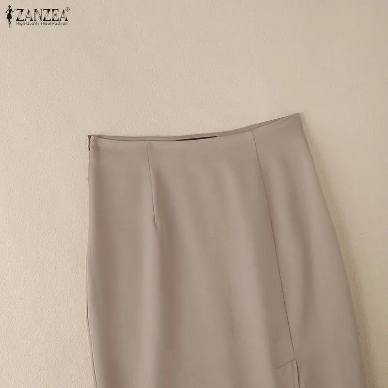 ZANZEA Women's High Waist Pencil Midi Skirt Office Lady Elegant Side Split Bodycon Skirts Casual Solid Color Woman Bottoms S-3XL