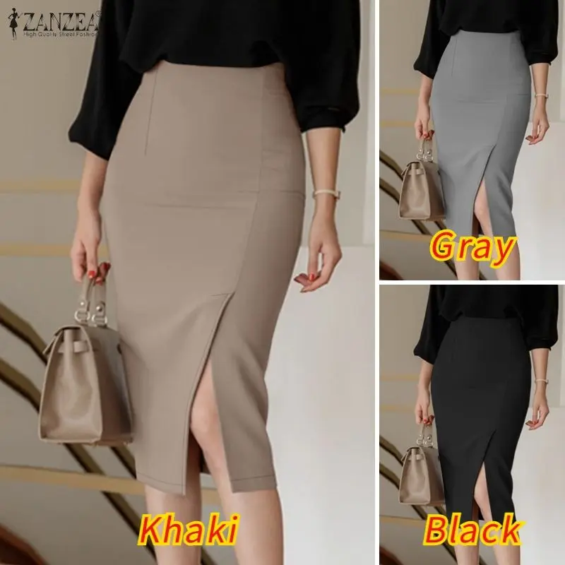 ZANZEA Women's High Waist Pencil Midi Skirt Office Lady Elegant Side Split Bodycon Skirts Casual Solid Color Woman Bottoms S-3XL