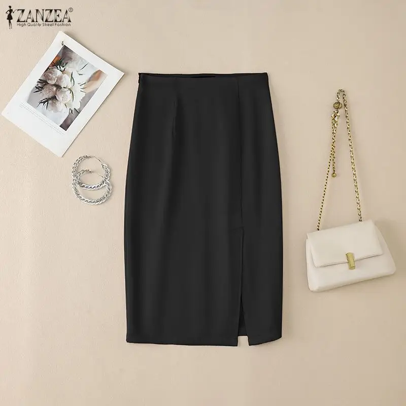 ZANZEA Women's High Waist Pencil Midi Skirt Office Lady Elegant Side Split Bodycon Skirts Casual Solid Color Woman Bottoms S-3XL