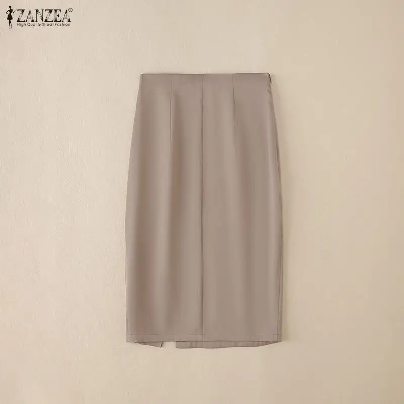 ZANZEA Women's High Waist Pencil Midi Skirt Office Lady Elegant Side Split Bodycon Skirts Casual Solid Color Woman Bottoms S-3XL