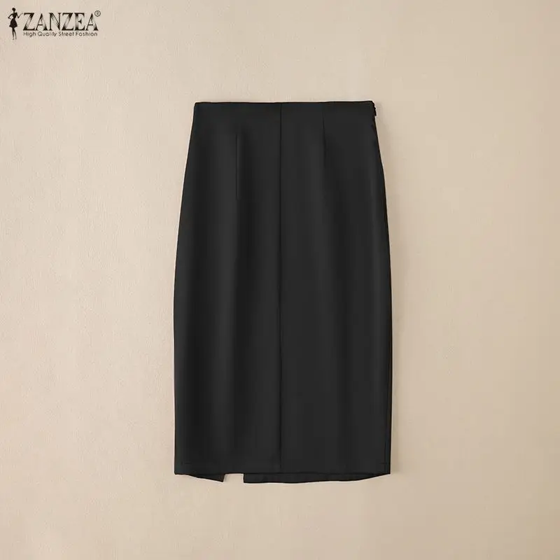 ZANZEA Women's High Waist Pencil Midi Skirt Office Lady Elegant Side Split Bodycon Skirts Casual Solid Color Woman Bottoms S-3XL