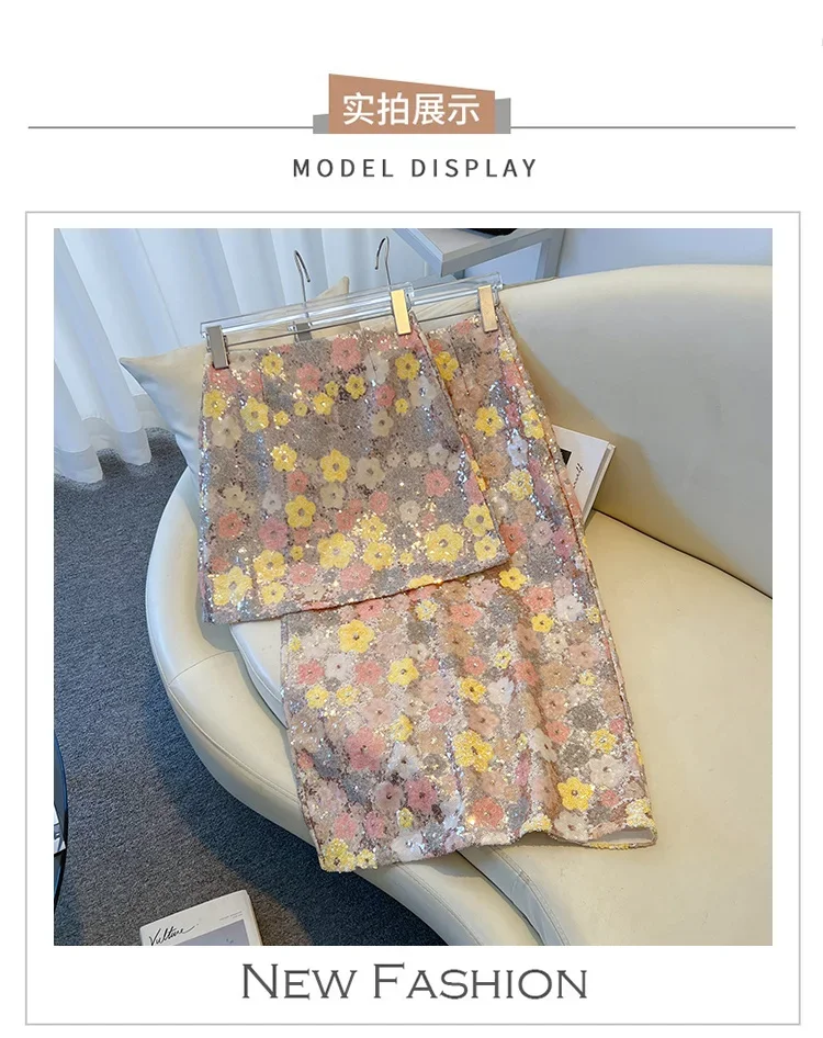 New Summer Fashion Skirt Women Colorful Sequins Floral Embroidered High Waist Slim A-line Elegant Party Skirts Clothing