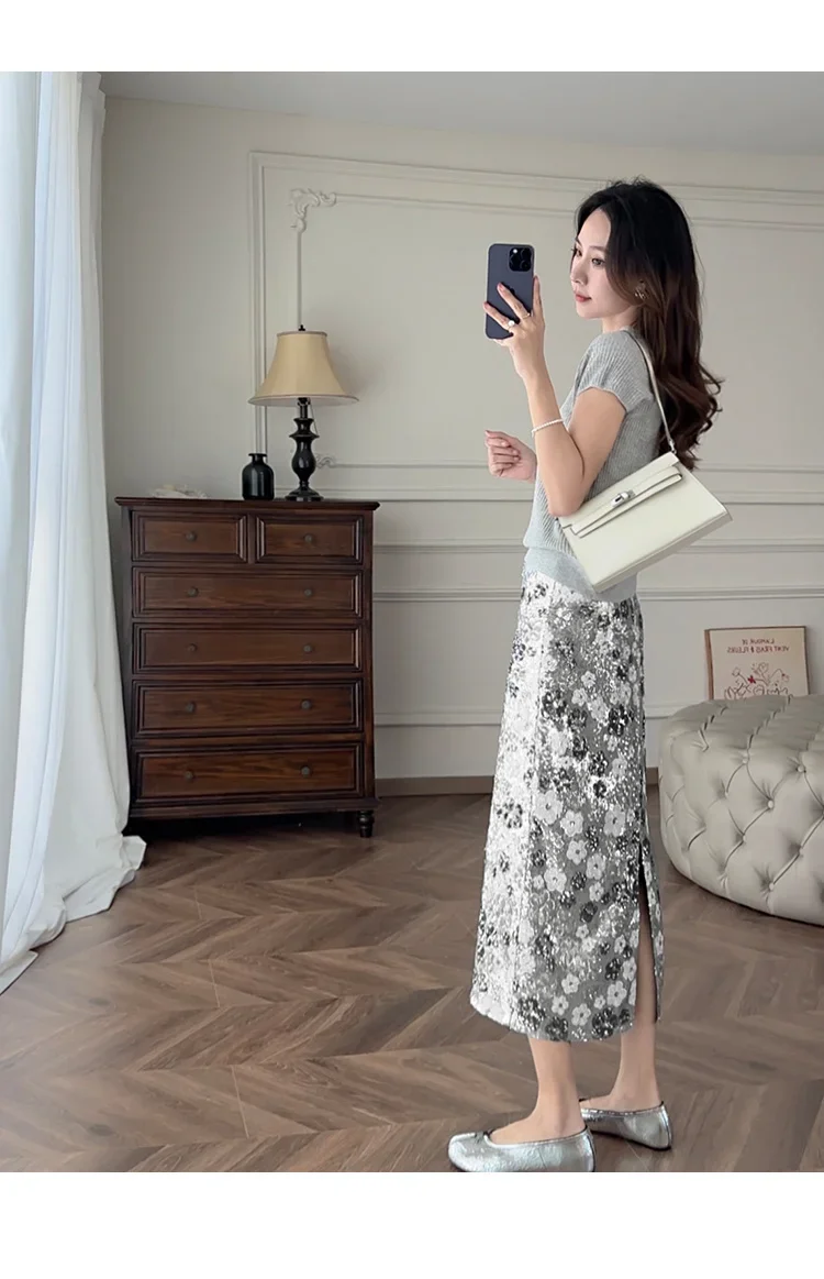 New Summer Fashion Skirt Women Colorful Sequins Floral Embroidered High Waist Slim A-line Elegant Party Skirts Clothing