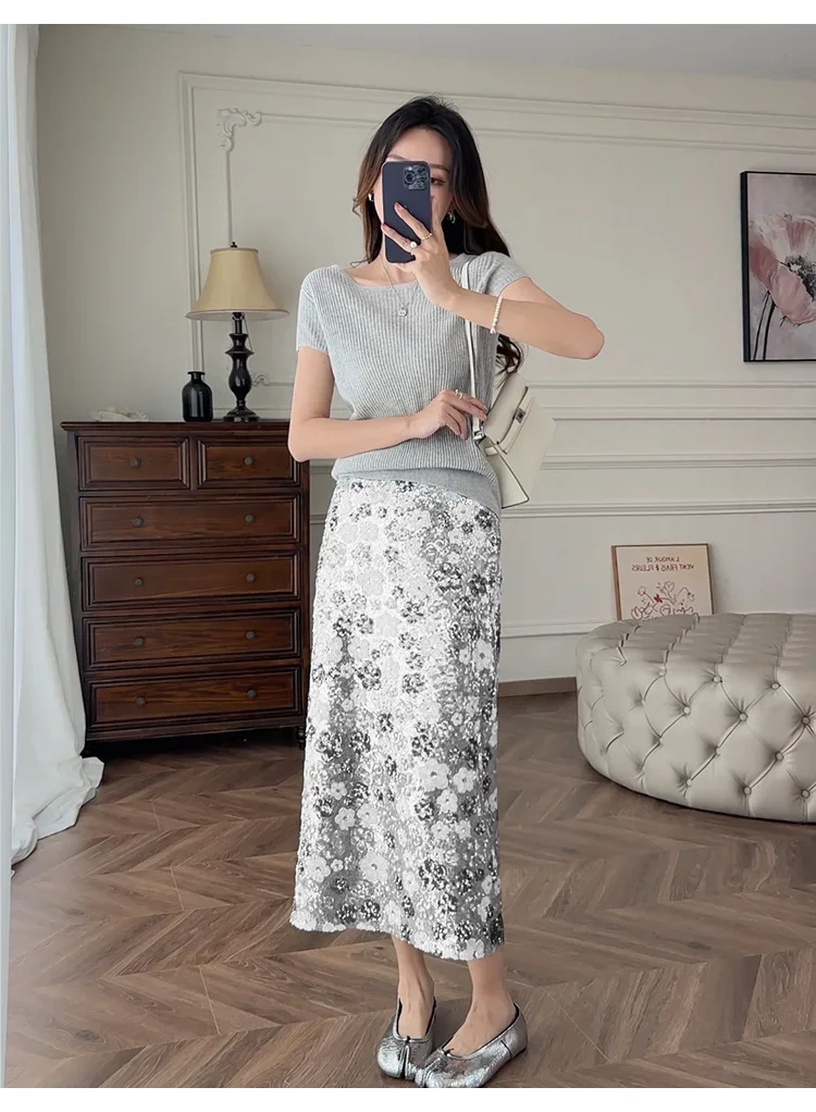 New Summer Fashion Skirt Women Colorful Sequins Floral Embroidered High Waist Slim A-line Elegant Party Skirts Clothing