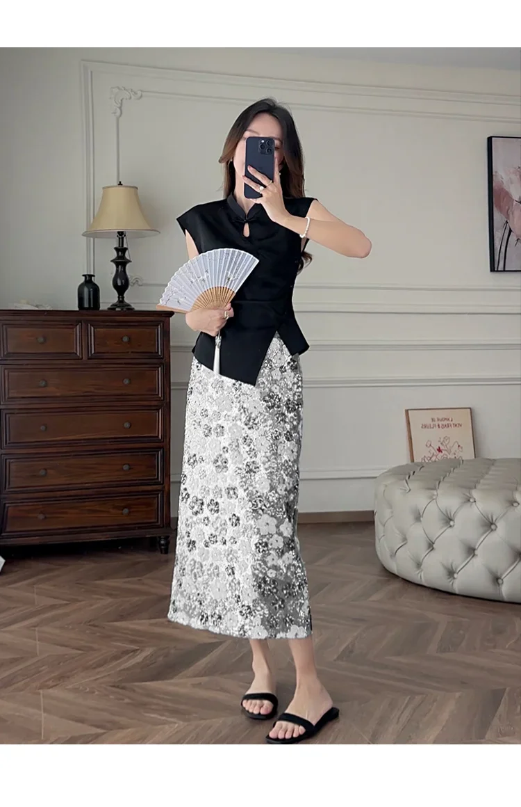 New Summer Fashion Skirt Women Colorful Sequins Floral Embroidered High Waist Slim A-line Elegant Party Skirts Clothing