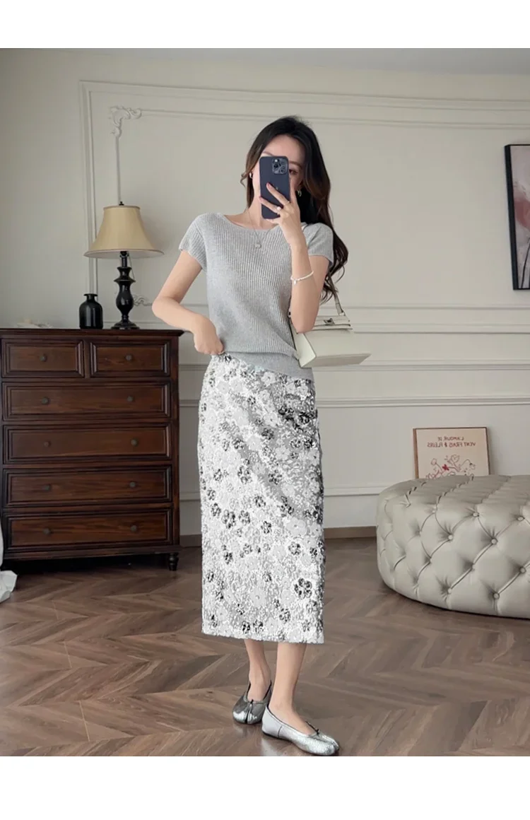 New Summer Fashion Skirt Women Colorful Sequins Floral Embroidered High Waist Slim A-line Elegant Party Skirts Clothing