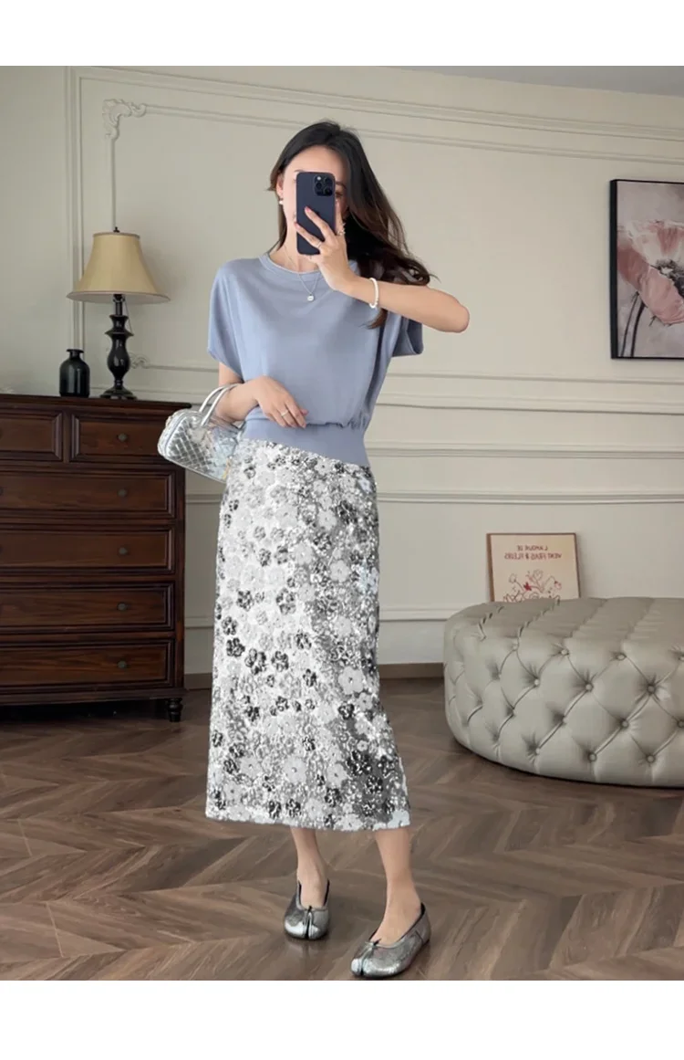 New Summer Fashion Skirt Women Colorful Sequins Floral Embroidered High Waist Slim A-line Elegant Party Skirts Clothing